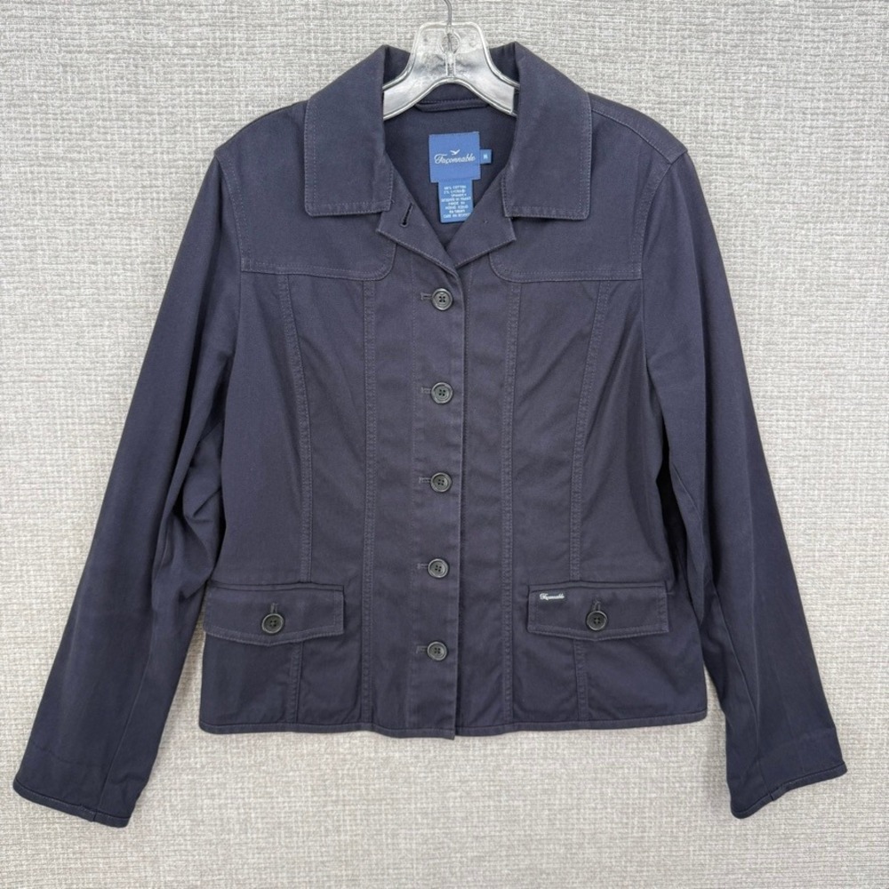 Faconnable Canvas Utility Jacket Womens M Navy Blue Cotton Stretch Workwear